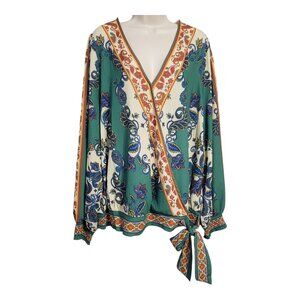 Flying Tomato Floral Paisley Gauze Top Sz 3X Long Sleeve Boho Blouse Hippie Wrap